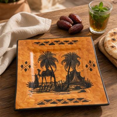 Hand-Painted Tunisian Square Ceramic Plate – Desert Oasis Scene